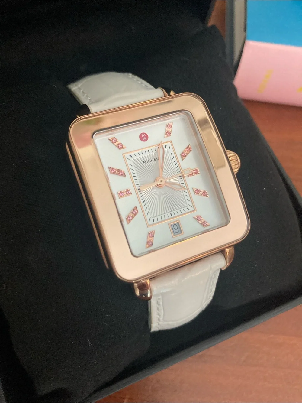Michele Rose Gold Square Watch with White Strap and Pink Accents